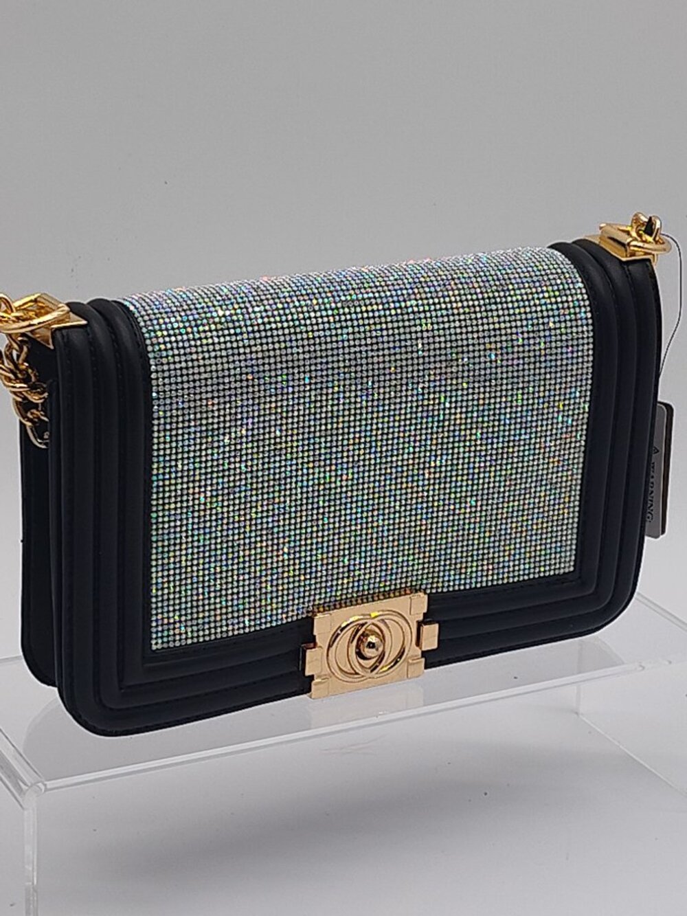 Black Rhinestone Structured Crossbody Bag